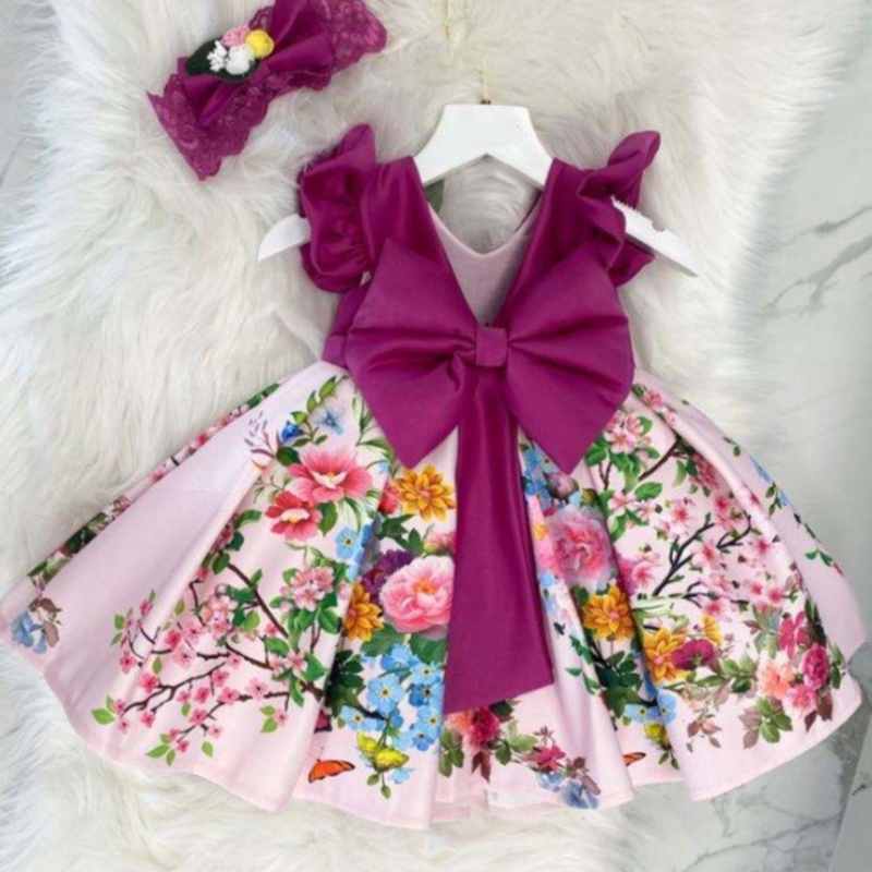 Baige Big Bow Christmas Flower Girl Party Princess Vestido Baige Vestido de balón de cumpleaños V-Back L2033XZ