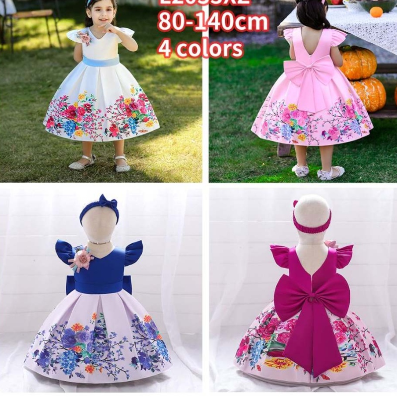 Baige Big Bow Christmas Flower Girl Party Princess Vestido Baige Vestido de balón de cumpleaños V-Back L2033XZ