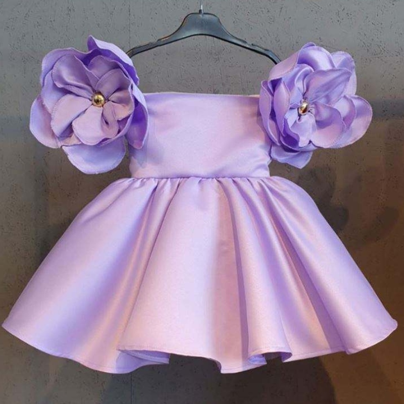 Baige Big Flower Kids Kids Vestido Rosa Satin Fiesta de satén Baby Gown Girls \\ 'Cumpleaños con arco en el hombro