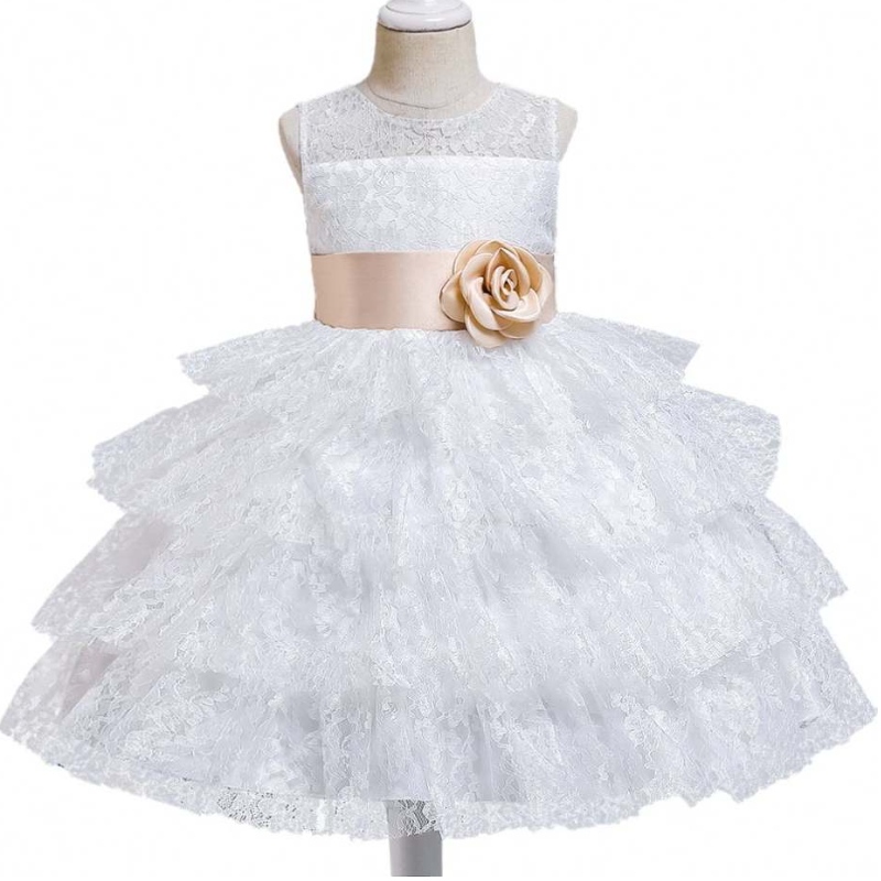 Baige Summer Fashion Lace Tulled Precioso Beading Big Bow Birthday Fiest Fancy Ball Gowns Flower Girls Vestidos
