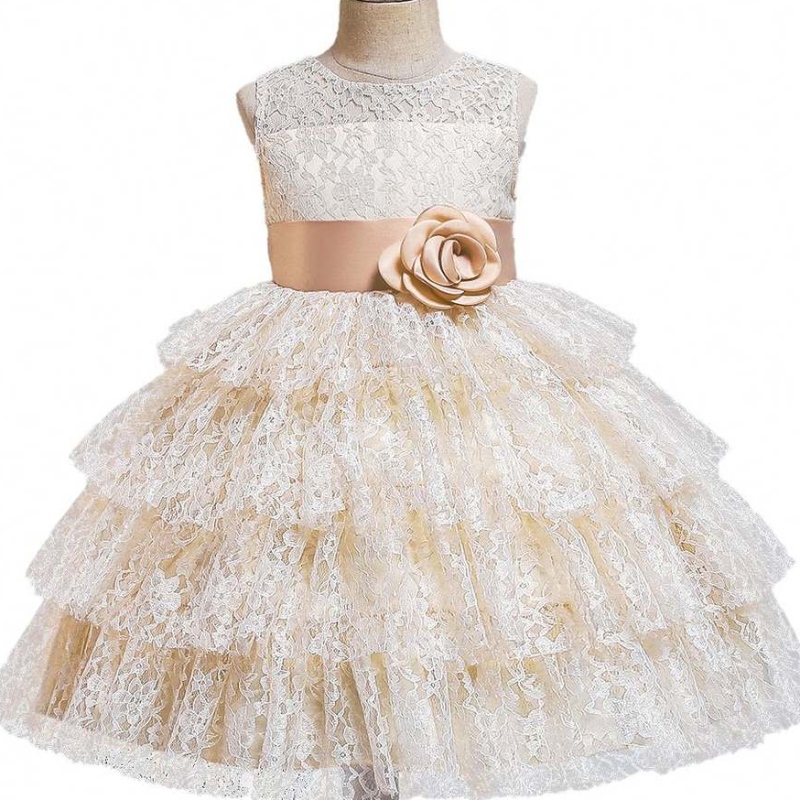 Baige Summer Fashion Lace Tulled Precioso Beading Big Bow Birthday Fiest Fancy Ball Gowns Flower Girls Vestidos
