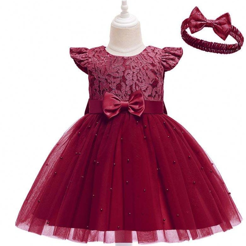 Baige Hot Sale Red Kids Clothing Vestidos de fiesta de fiesta de fiesta de fiesta con la diadema D0761