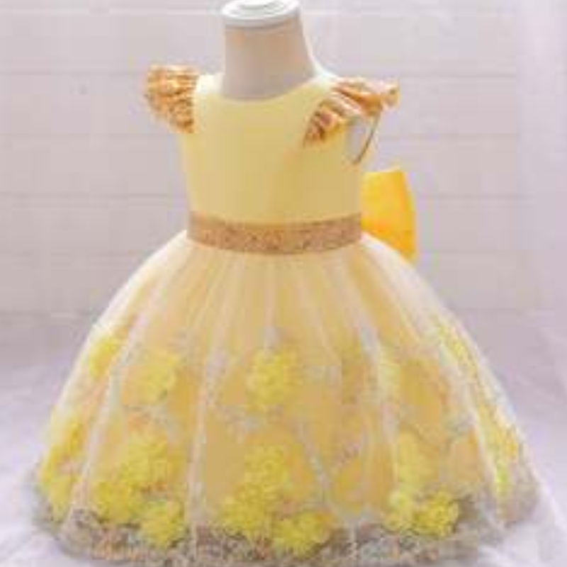 Baige Yellow Flower Girl Dress Kids Frock Frock New India Collection Fancy Girl Party Dress L2021XZ