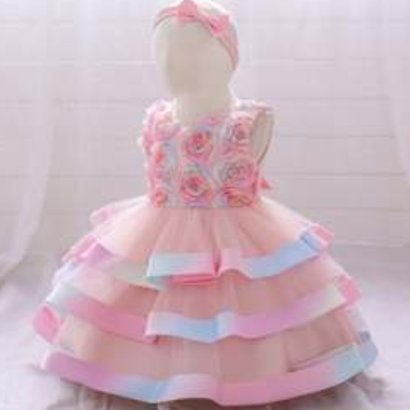 Baige al por mayor paraniños Party Wear Vestidos infantiles Tutu Diseño Baby Girl Flower Cake Vestido de cumpleaños en capas