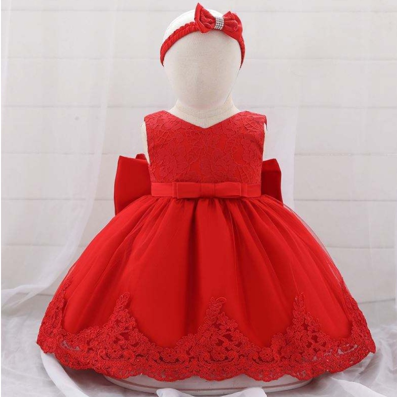 Baige Flower Girl Dress Baby Vestida Princesa con encaje de la diadema Partido del reverso Red Wear Vestidos de cumpleaños paraniños