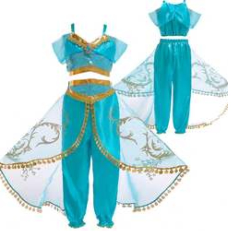 Baige Aladdin Cosplay Princesa Jasmine Disfraz de vestuario Tops y pantalones Conjunto de ropa con pelucas BX1625