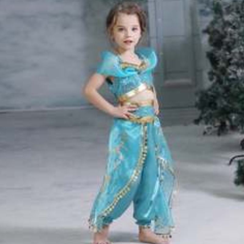 Baige Aladdin Cosplay Princesa Jasmine Disfraz de vestuario Tops y pantalones Conjunto de ropa con pelucas BX1625