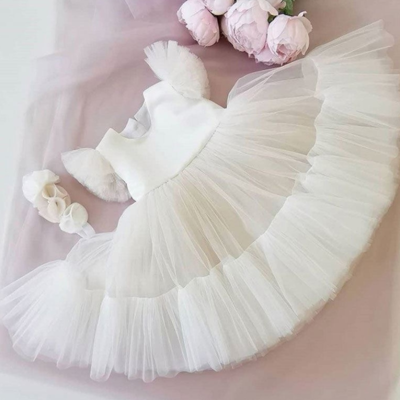 Baige Hot Sale White Flower Girl Tutu Party Vestido Capas de cumpleaños Hopfy Cumple