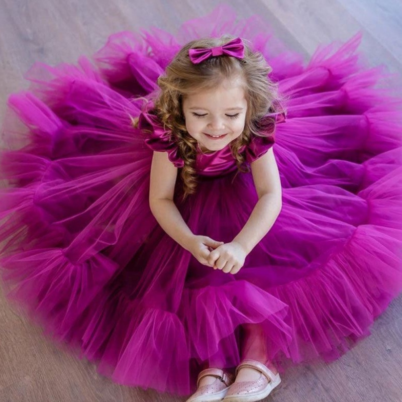 Baige Hot Sale White Flower Girl Tutu Party Vestido Capas de cumpleaños Hopfy Cumple