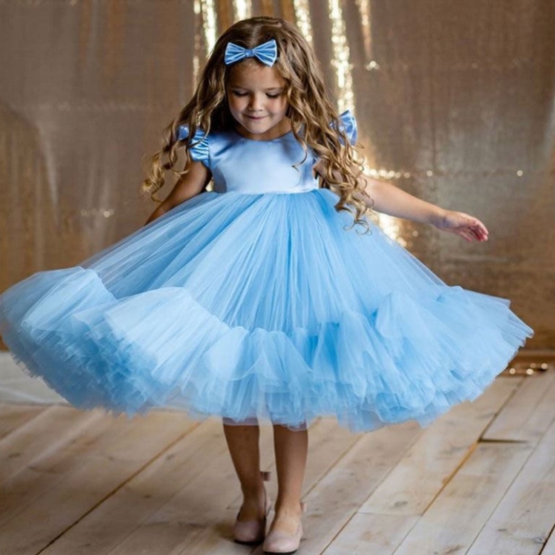 Baige Hot Sale White Flower Girl Tutu Party Vestido Capas de cumpleaños Hopfy Cumple