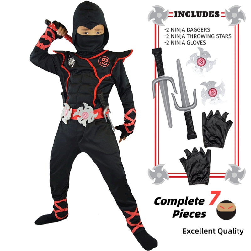 7 piezas unisex childninja deluxe disfraz paraniños jugar a rol de rol de fiesta temática de halloween disfraz