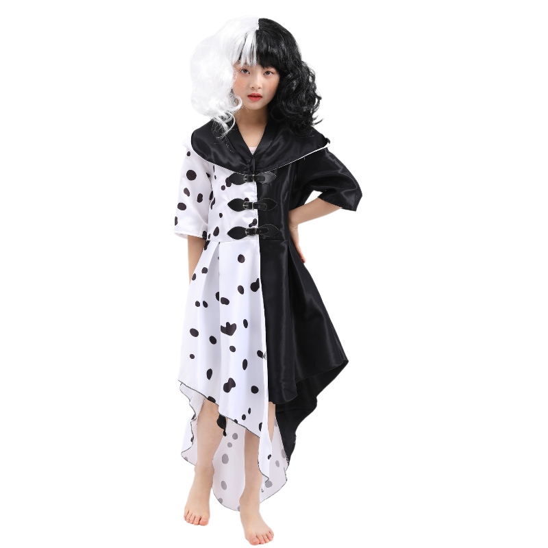2022 Película denuevo estilo 101 Dog leal cos en blanco ynegro Kuila Deville Deville Cosplay Dress Disfraz