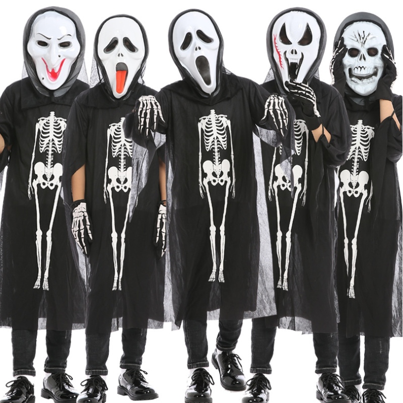 Disfraz de cosplay de Halloween al por mayor Skeleton Cape Ghost Traje con máscara paraniños