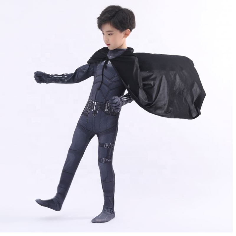 NUEVO estilo Bodysuit Black Halloween Kids Superhero Disfraz de cosplay Cosplay Disfraz Pattinson The Bat Man With Cape&Mask