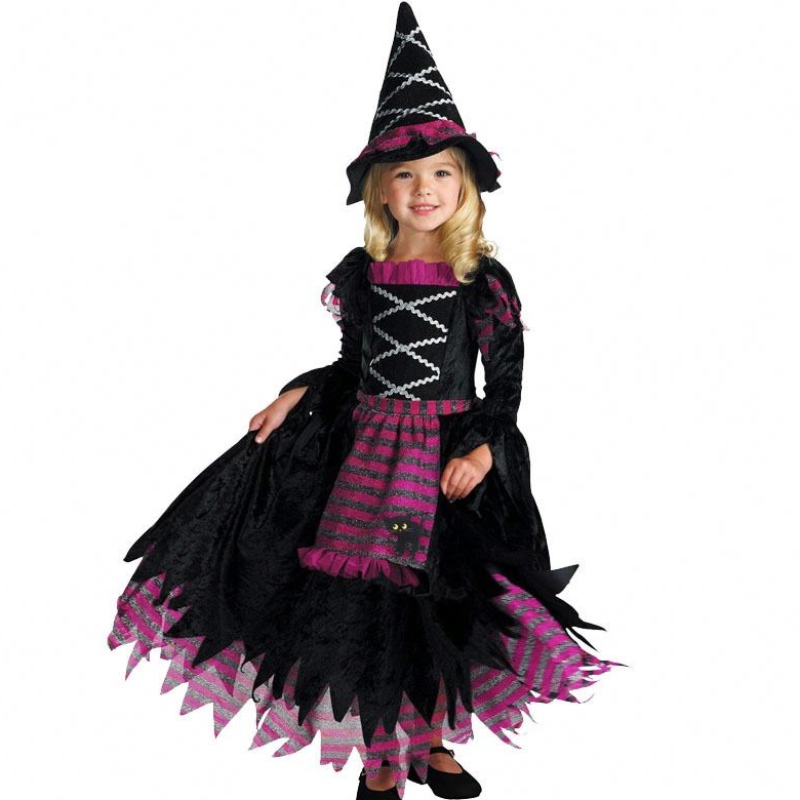 Nuevas ideas de productos 2022 disfraz de bruja de cuento de hadas de Halloween Deluxe paraniñas con sombrero de brujería HCVM-007
