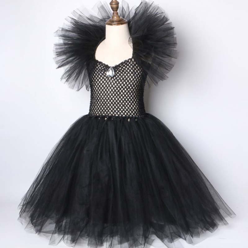 Niños Black Devil Tutu Disfraz Halloween Girls Tutu Tutu Vestido con chal de plumas Reina Royal Dark Reina Maléfica Vestido