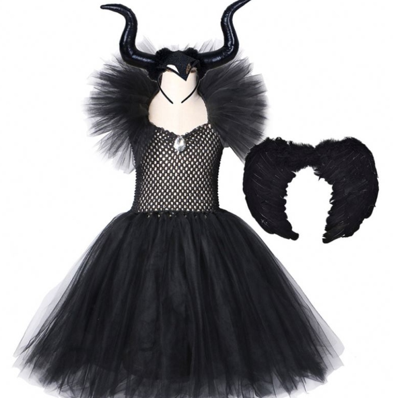Niños Black Devil Tutu Disfraz Halloween Girls Tutu Tutu Vestido con chal de plumas Reina Royal Dark Reina Maléfica Vestido