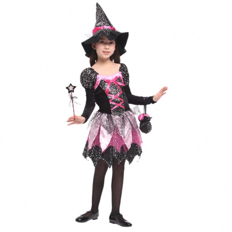 Chicas chicas vararra vestir ropa disfraz de bruja de halloween chispas estrellas plateadas vestidas de cosplay con sombrero puntiagudo