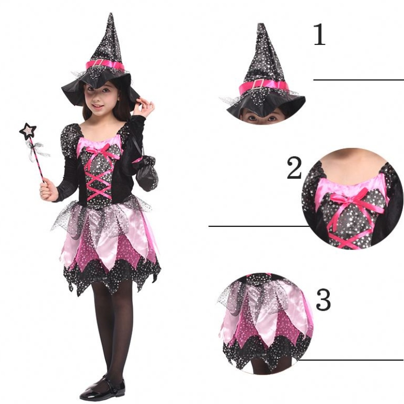 Chicas chicas vararra vestir ropa disfraz de bruja de halloween chispas estrellas plateadas vestidas de cosplay con sombrero puntiagudo