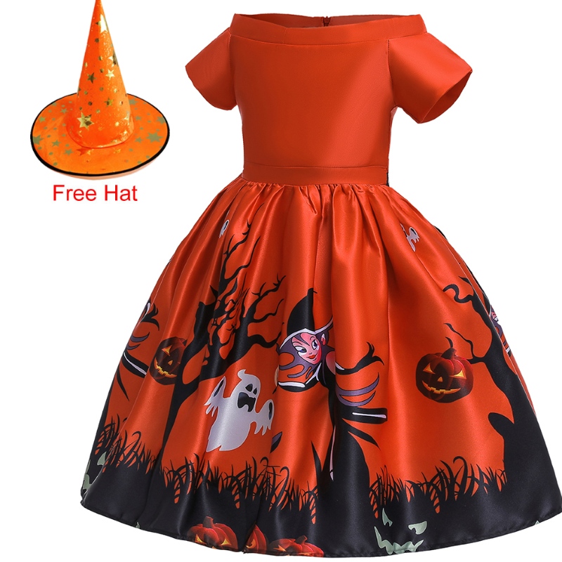 Amazon Halloween Children 's Clothing cosplay dress printed dress show dress + Hat