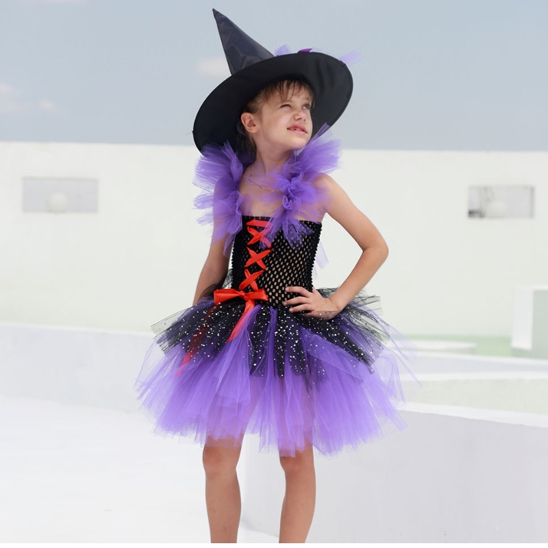 Disfraz de vestido de bruja de vender tutú de Amazon paraniñas con sombrero brujero Halloween Carnival Fiesta