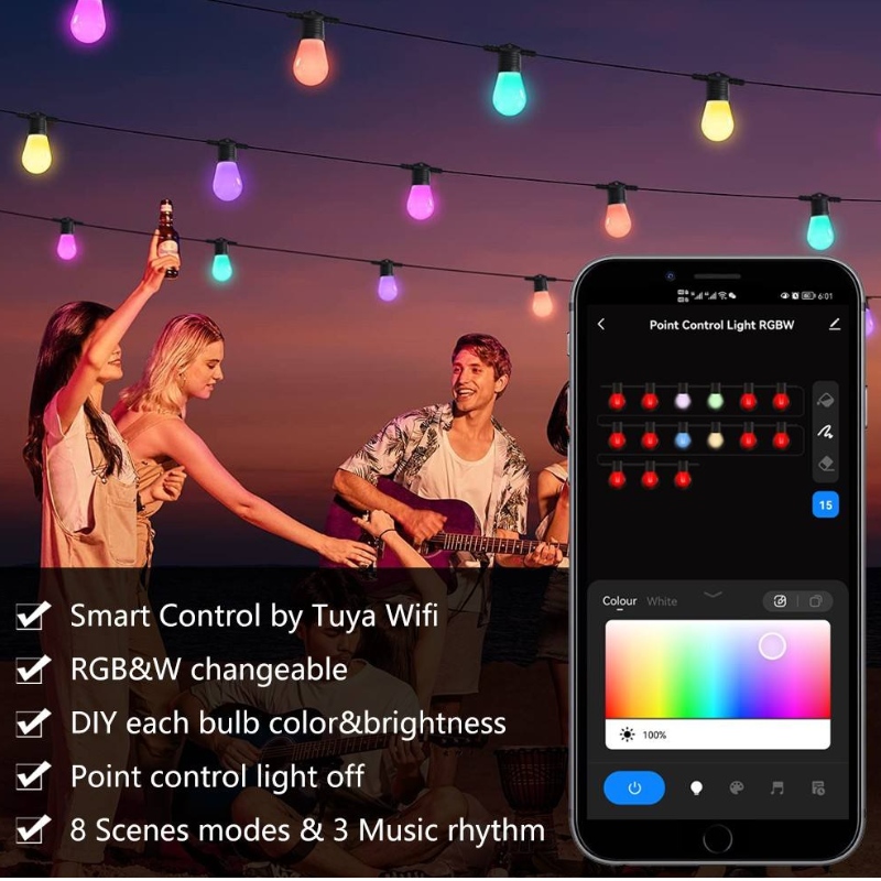 Luces de cuerda de color inteligentes, luces de patio inteligentes de 48 pies RGBW luces de cuerda LED, control de la aplicación Wifi, funciona con Alexa, luces de cuerda de cambio de color con bombillas LED dimmables, IP65 impermeable