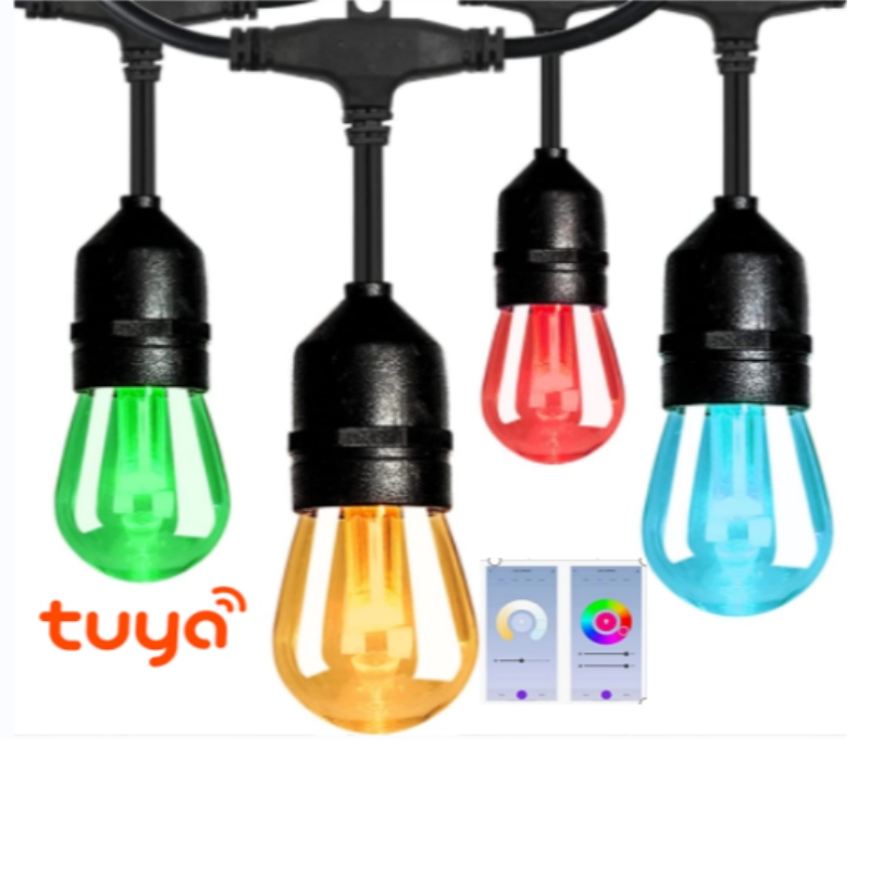 Luces de cuerda de color inteligentes, luces de patio inteligentes de 48 pies RGBW luces de cuerda LED, control de la aplicación Wifi, funciona con Alexa, luces de cuerda de cambio de color con bombillas LED dimmables, IP65 impermeable