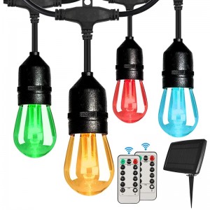 Luces de cuerda RGB solar RGB de 48 pies, luces de cuerda de patio regañables con 2 control remoto, luces de cuerda solar impermeable con 15 luces de bombillas colgantes emitibles para bistro de jardín, fiesta