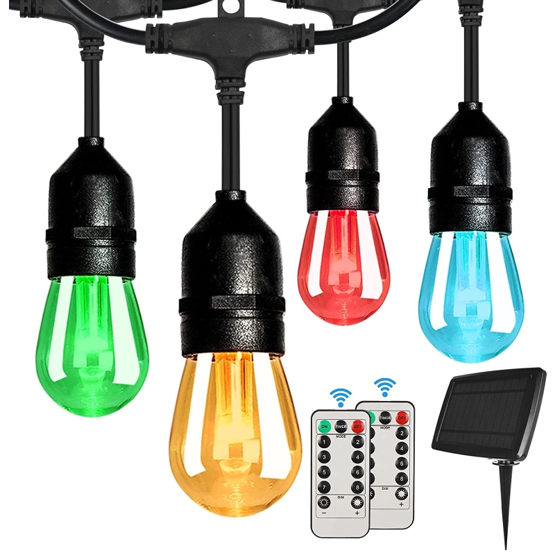 Luces de cuerda RGB solar RGB de 48 pies, luces de cuerda de patio regañables con 2 control remoto, luces de cuerda solar impermeable con 15 luces de bombillas colgantes emitibles para bistro de jardín, fiesta