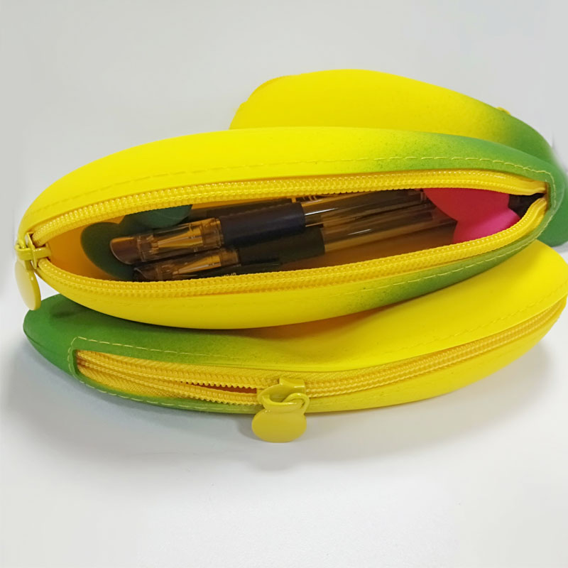 Bolsita de bolsillo de bolsillo de lápices de forma de plátano de silicona linda, bolsa de llave de silicona de grado de comida y duradero