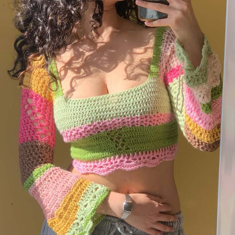 Mujeres Crochet Knit Mesh Sweater Cabello cuadrado Manga larga Bloque de color Exteriores Copas Copias Copas de blusa Buque de espalda Camas de tees Sweater