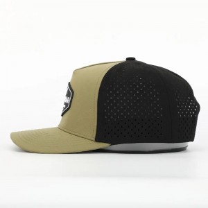 Custom de 5 paneles impermeables Ejército de poliéster verde láser Cortero Sombrero deportivo, Gorras de golf perforada, goma de béisbol de béisbol de logotipo de parche de goma