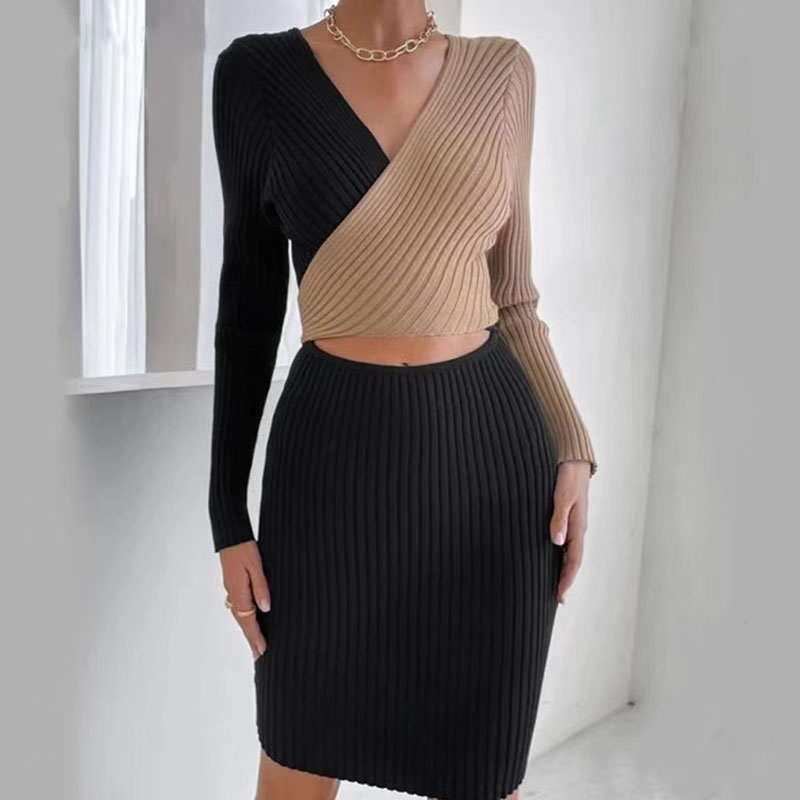 Diseño de moda OEM Fantasía Vestido de suéter de estilo sexy 7gg V Cuello Anti-Pilling Hip Hop Knit Jóvenes Sweater Vestido