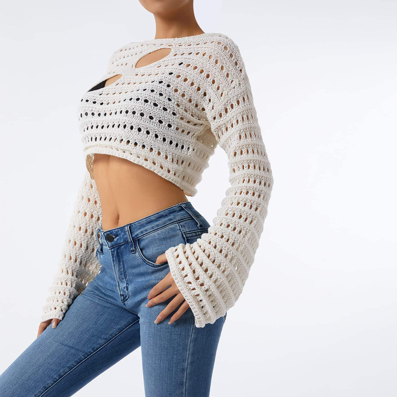 Las mujeres se vacían de crochet tops de cultivo de color bloque de manga larga cuello cuadrado de otoño tops