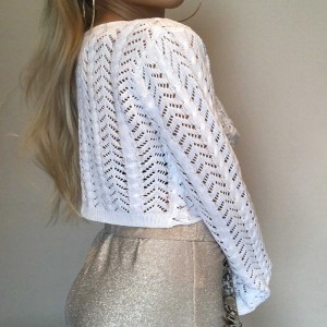 Jerete blanco con cuello en V hueco sale de moda de manga larga delgada sexy mujeres de tejido de tejido