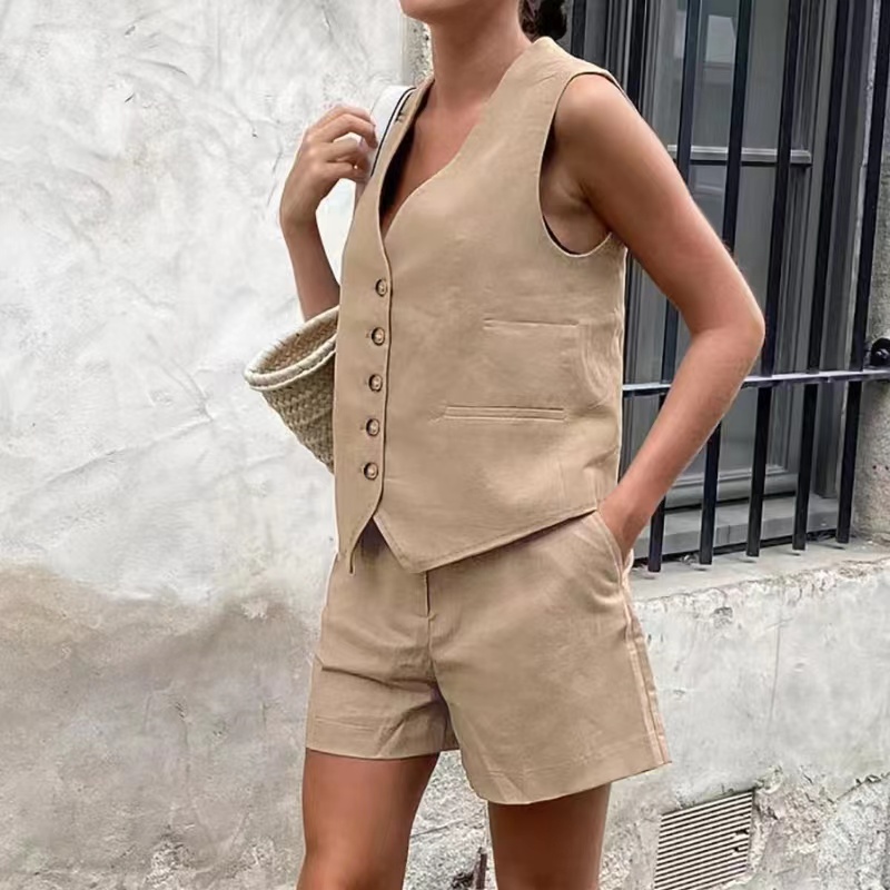 Summer de estilo europeo y estadounidense Nuevo traje de pantalones cortos de chaleco en V sin cuello en V con cuello en V