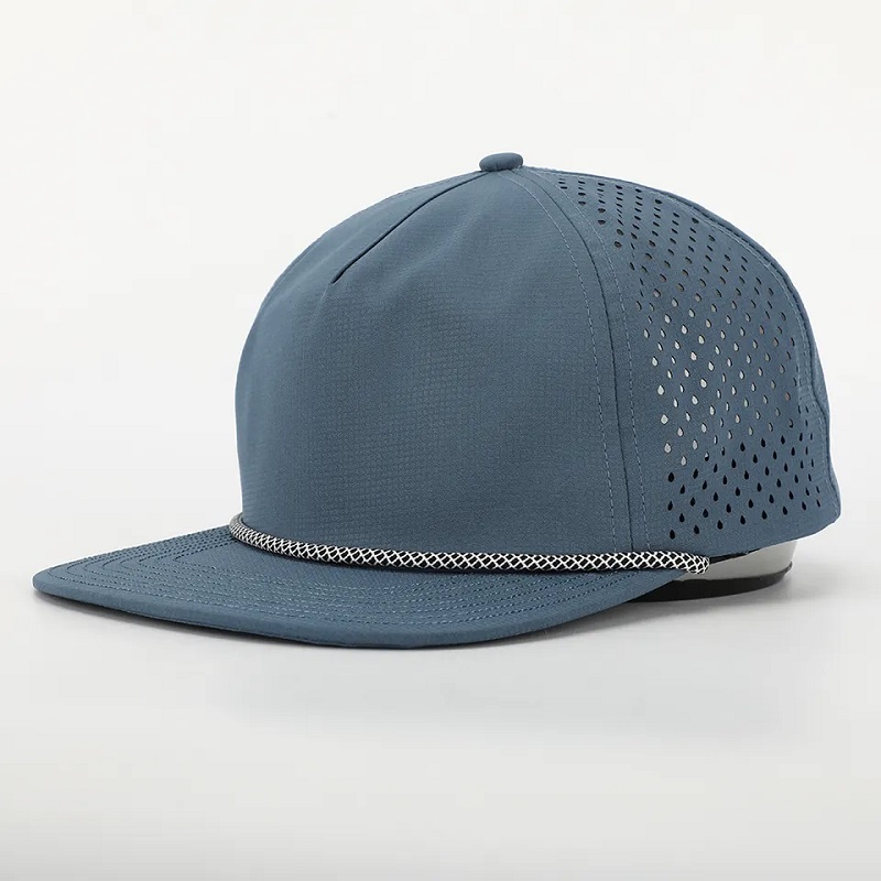 Logotipo de diseño personalizado OEM 5 Panel Classic Classen -No estructurado láser cortado 5 panel Perforado Gorras Nylon Rope Sombrero