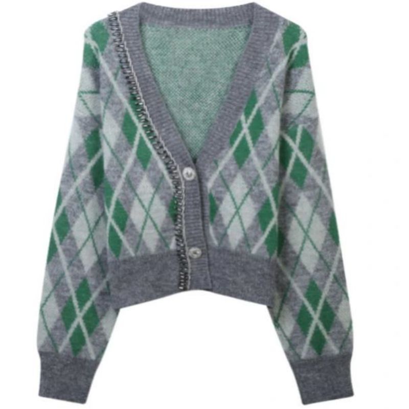 Argyle Jacquard Knited Mohair Cardigan Sweater Women Knitwear