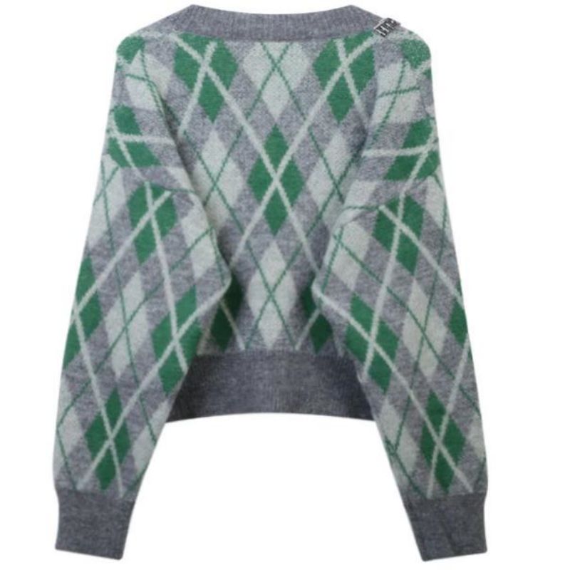 Argyle Jacquard Knited Mohair Cardigan Sweater Women Knitwear