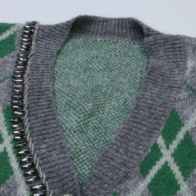 Argyle Jacquard Knited Mohair Cardigan Sweater Women Knitwear