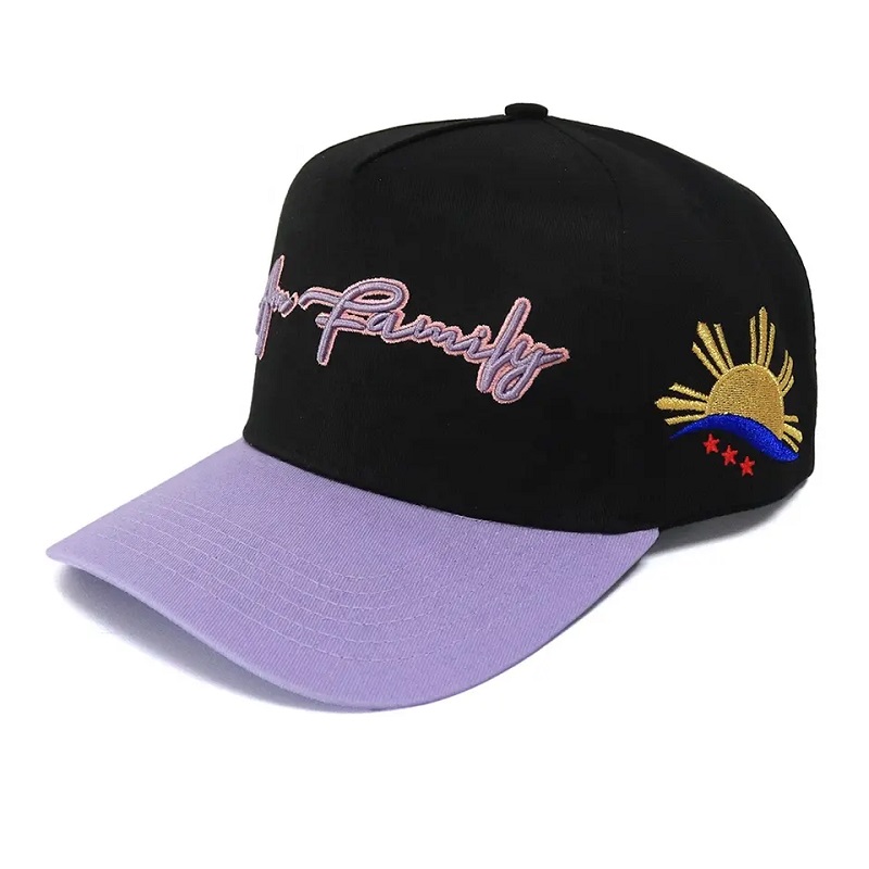 Nuevo color de contraste de llegada colornegro y púrpura personal personalizado 5 panel bordado logo de béisbol gorra de béisbol sombreros deportivos para adultos