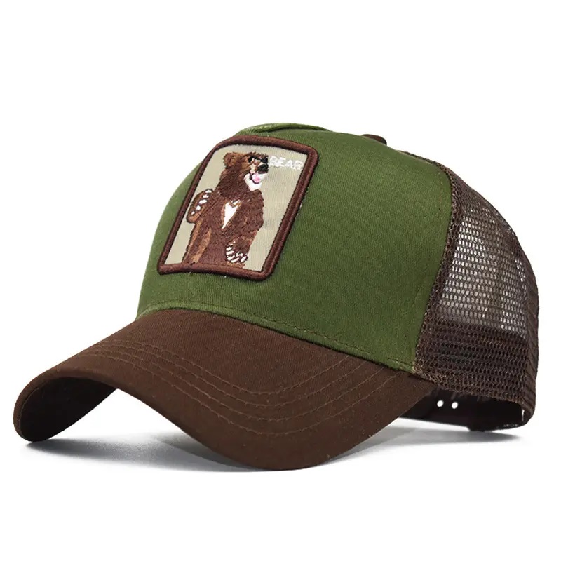Fashion al por mayor 5 panel de dibujos animados deportivos de bordado malla gorros gorall gorro para hombres animales camioneros