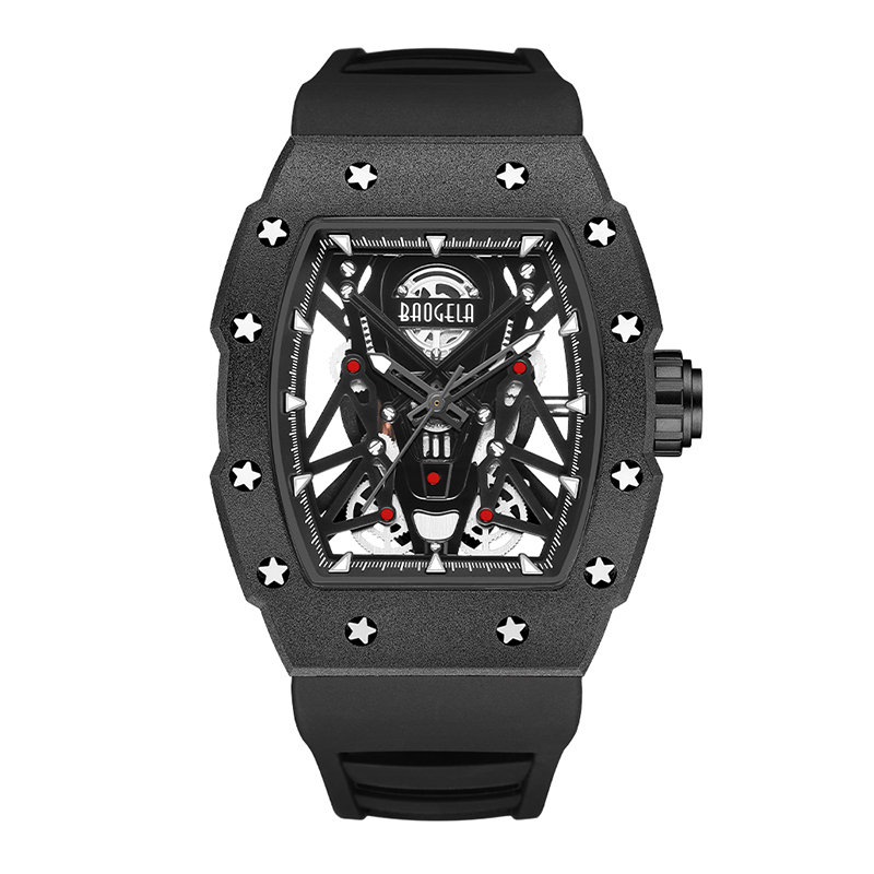 Baogela Silver Black Sport Quartz Watch For Men Tonneau Dial Analógico Implaz de pulsera impermeable con correa de silicona manos luminosas 4145