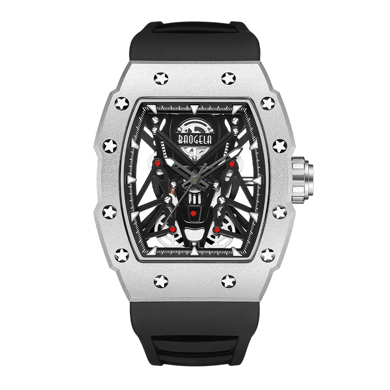Baogela Silver Black Sport Quartz Watch For Men Tonneau Dial Analógico Implaz de pulsera impermeable con correa de silicona manos luminosas 4145