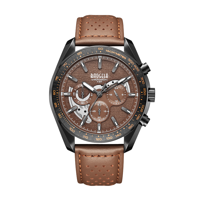 Baogela New Luxury Men Sport Quartz Male Cronograph Calendar Movimiento Japón 50Bar Top Market Reloj Genuine Leather Wutwatch 22804