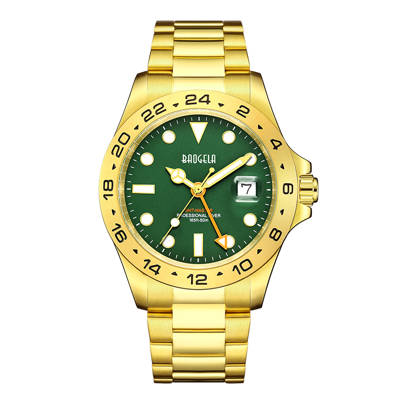 Baogela New Men Luxury Watch 304 acero inoxidable Dial luminoso 50m Moda de buceo Parejas Sport Wristwatch Gold Green 22806