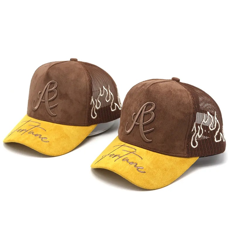 Fábrica Personalización de bordados de gamuza de gamuza Personalizado Logotipo de Brim Fair Mesh Trucker sombreros