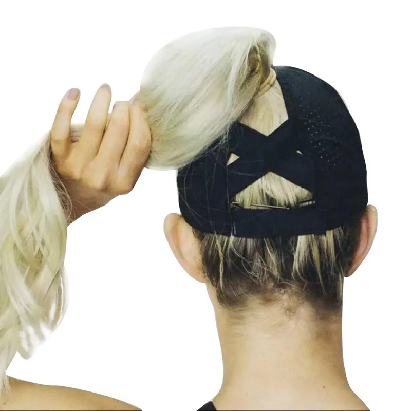 Mujeres Damas High High Custom Polyéster Spandex X Criss Cross Crisscross Pony Tail Baseball Shats con agujero de cola de caballo