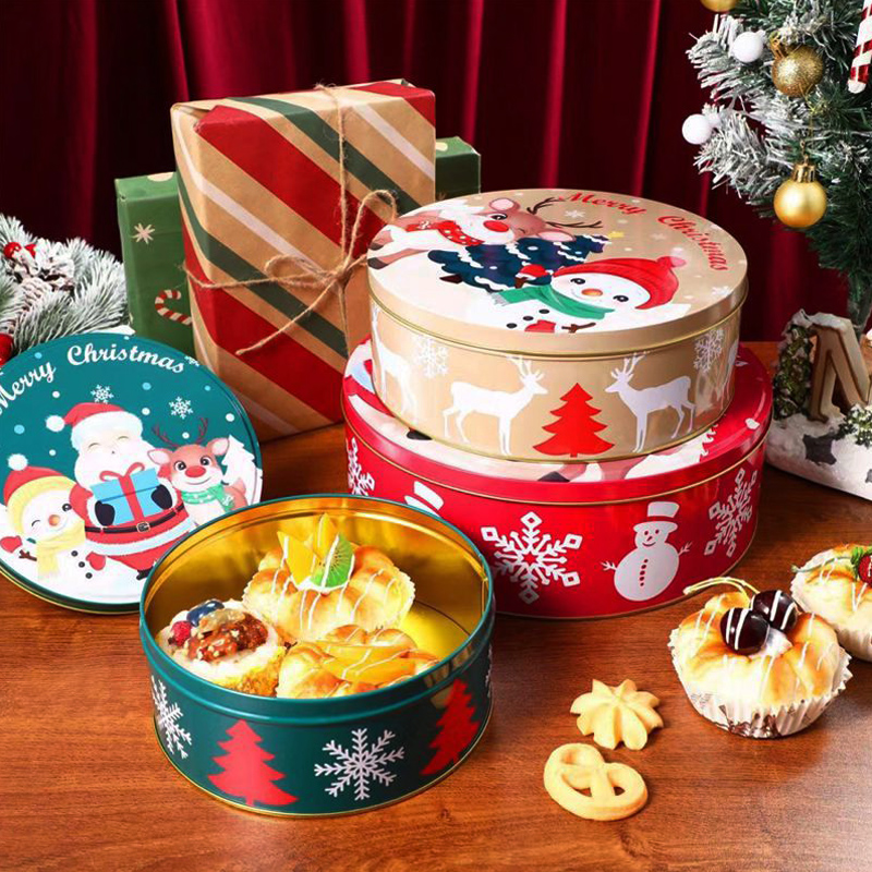 Caja de regalo de Navidad Caja redonda de tres piezas Caja de envasado de galletas Caja de hojalata de Navidad Caja de hojalata personalizada