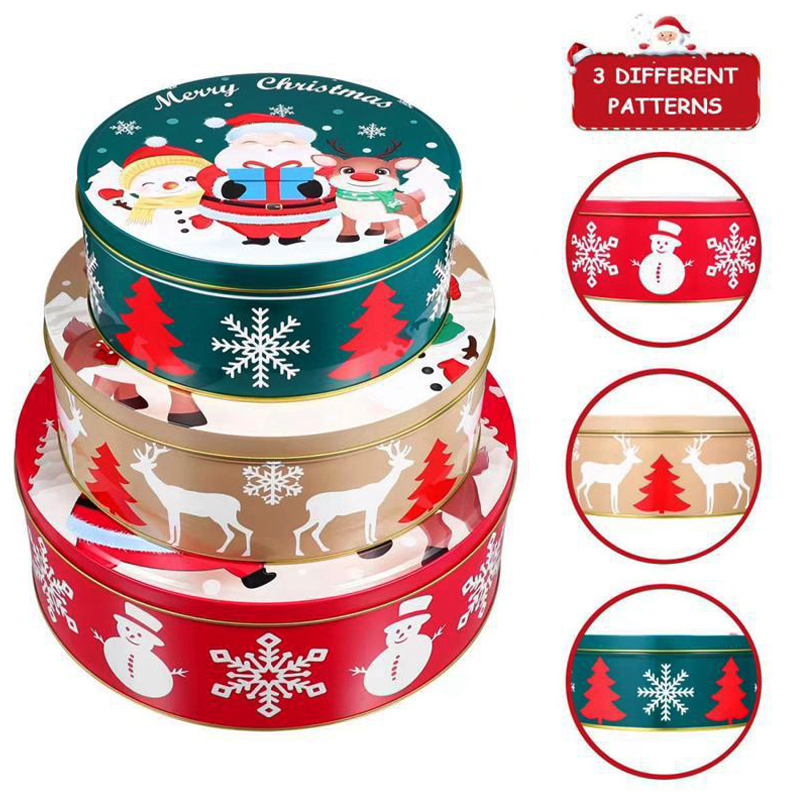 Caja de regalo de Navidad Caja redonda de tres piezas Caja de envasado de galletas Caja de hojalata de Navidad Caja de hojalata personalizada